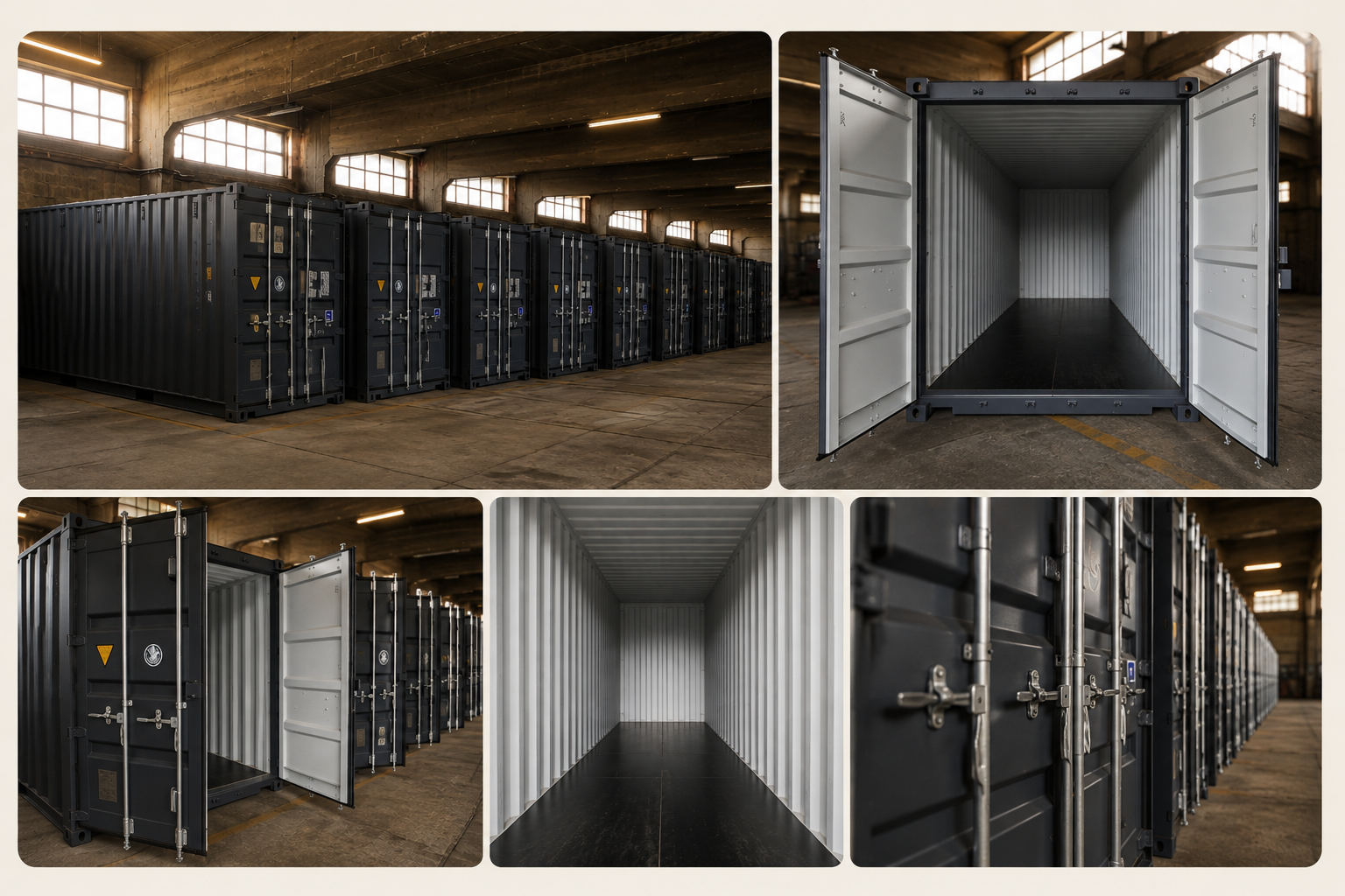 Antraciete zeecontainers voor self storage in het magazijn van Cristal Collective in Aarschot